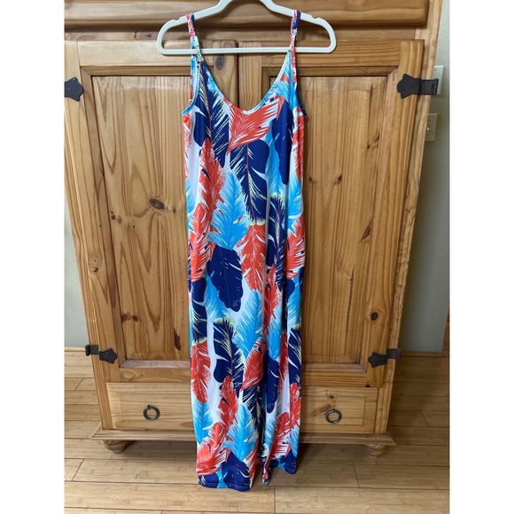 Unbranded Dresses & Skirts - Tropical Leaf Print Maxi Dress Red Blue White Adjustable Straps Pockets S/M